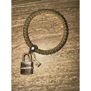 Gold Tone‎ Beaded Stretch Bracelet Lock and Key Charm Rhinestone Padlock Pendant
